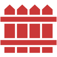 Red picket fence icon on black background.
