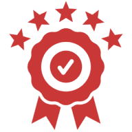 Award badge with stars and check mark.