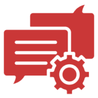 Red chat bubbles with gear icon.